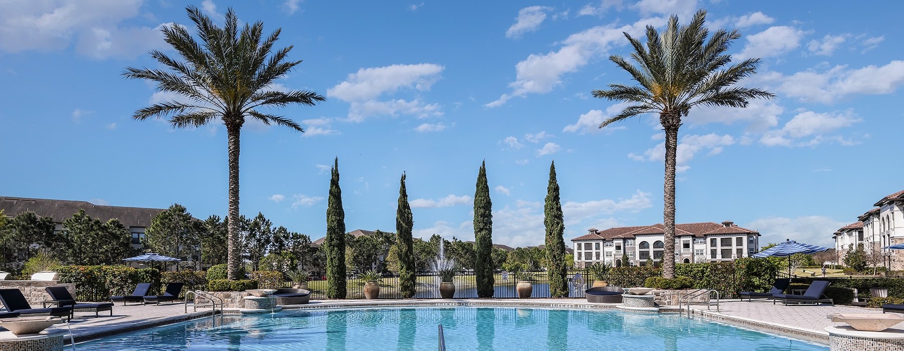 a pool with trees around it